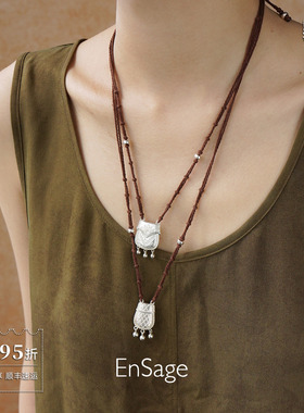 格纹花卉银袋编绳纯银吊坠项链