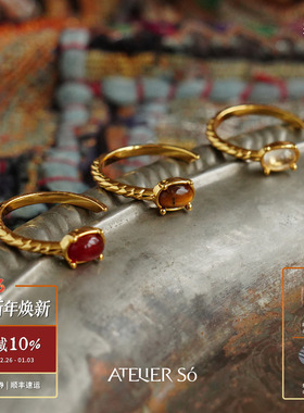 ATELIERSO倪索 天然石开口戒指 纯银白水晶虎眼石原创设计师 默叙