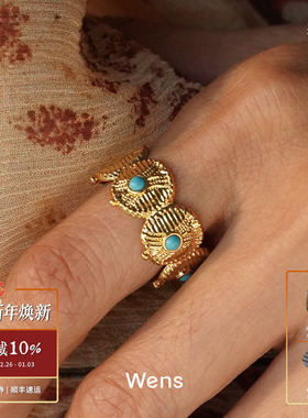 部落图腾金币镶虎眼石戒指