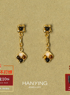 HANYING 双子花耳坠 纯银原创设计气质虎眼石复古耳环耳饰 默叙