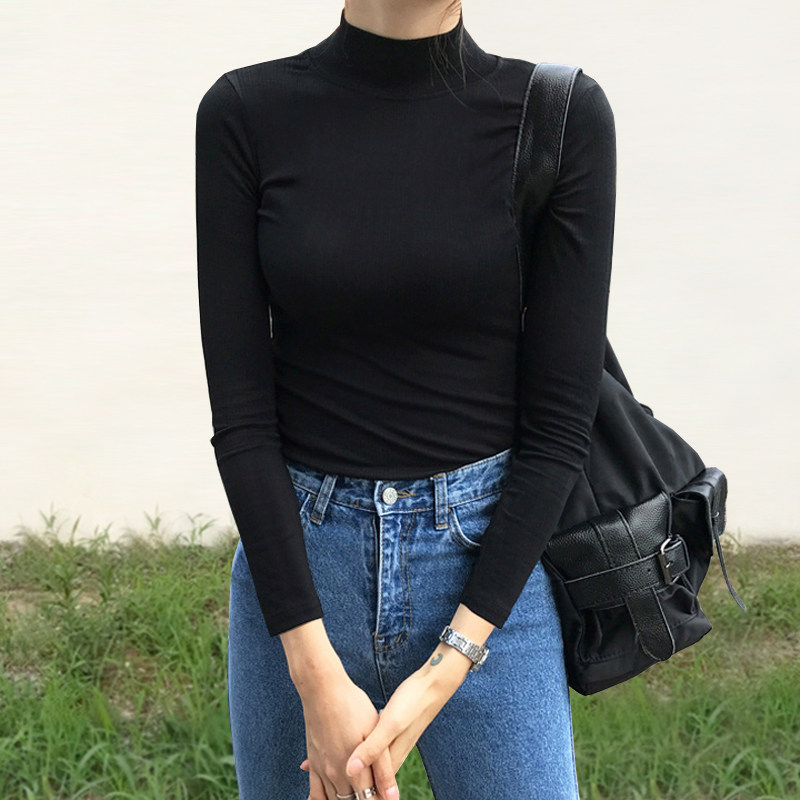 黑色紧身半高领中加绒加厚打底衫女秋冬长袖洋气内搭纯棉保暖上衣