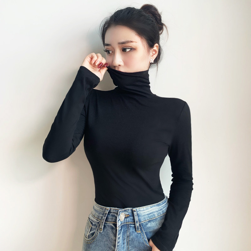 纯棉黑色高领打底衫女秋冬季长袖紧身加绒堆堆领洋气内搭外穿秋衣