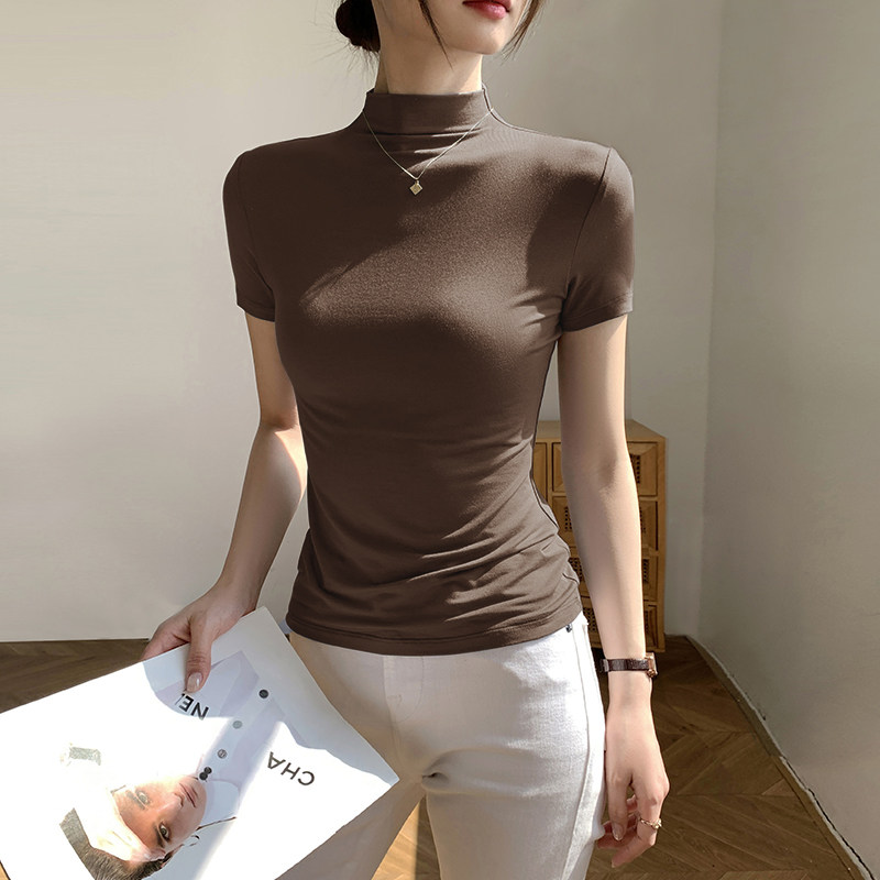咖色莫代尔半高领短袖t恤女夏2025新款正肩薄款冰丝紧身显瘦上衣