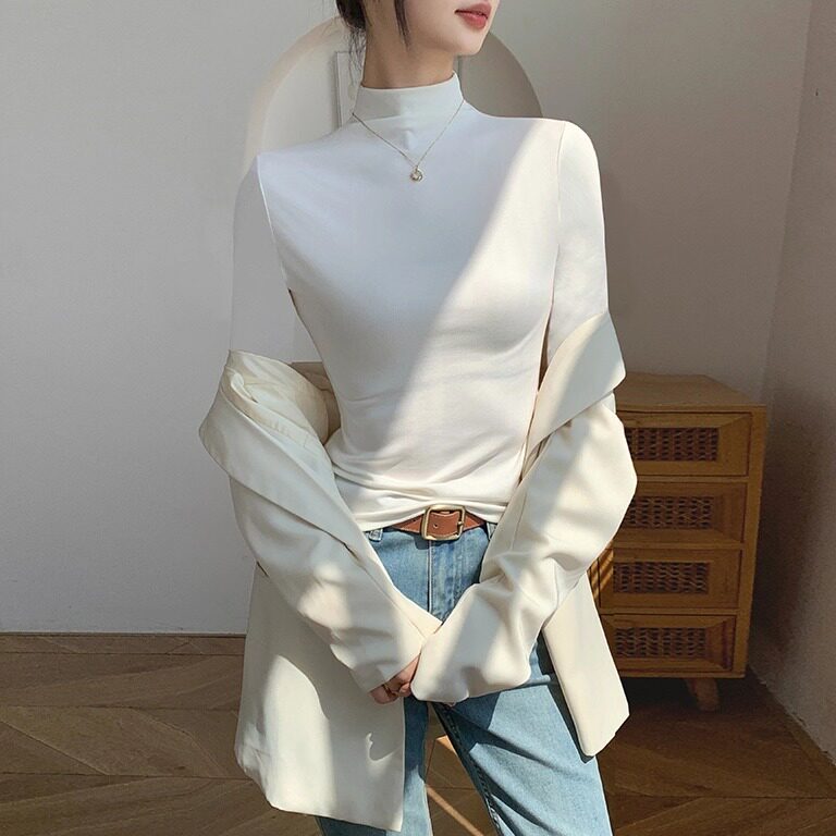 白色半高领中袖t恤女2025新款秋季纯棉内搭显瘦五分袖打底衫上衣