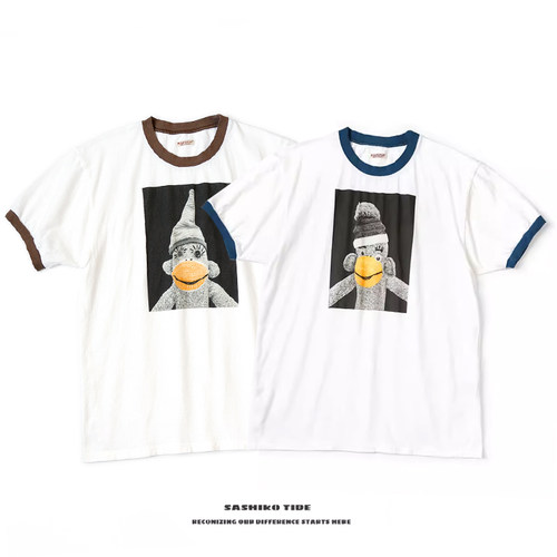 宽松休闲纯棉拼色重磅短袖T恤