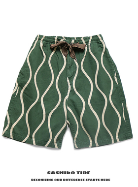 21SS KAPITAL 平田和宏 棉麻水波纹印花日系潮流系绳休闲工装短裤