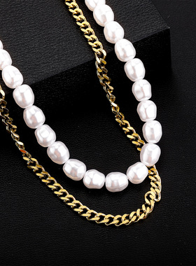 TOP可定制尺寸 百搭不锈钢双层珍珠项链拼接古巴链男女ins风