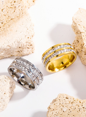 TOP不锈钢双排方钻指环 不褪色男女情侣款式百搭简约ins风