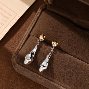 银色肌理感水滴耳环欧美冷淡风双拼色耳钉个性小众高级感耳饰女