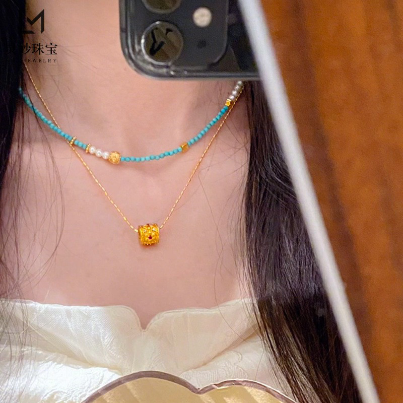 金包银绿松石色吊坠串珠项链女轻奢高级感叠戴颈链