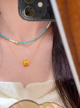 金包银绿松石色吊坠串珠项链女轻奢高级感叠戴颈链