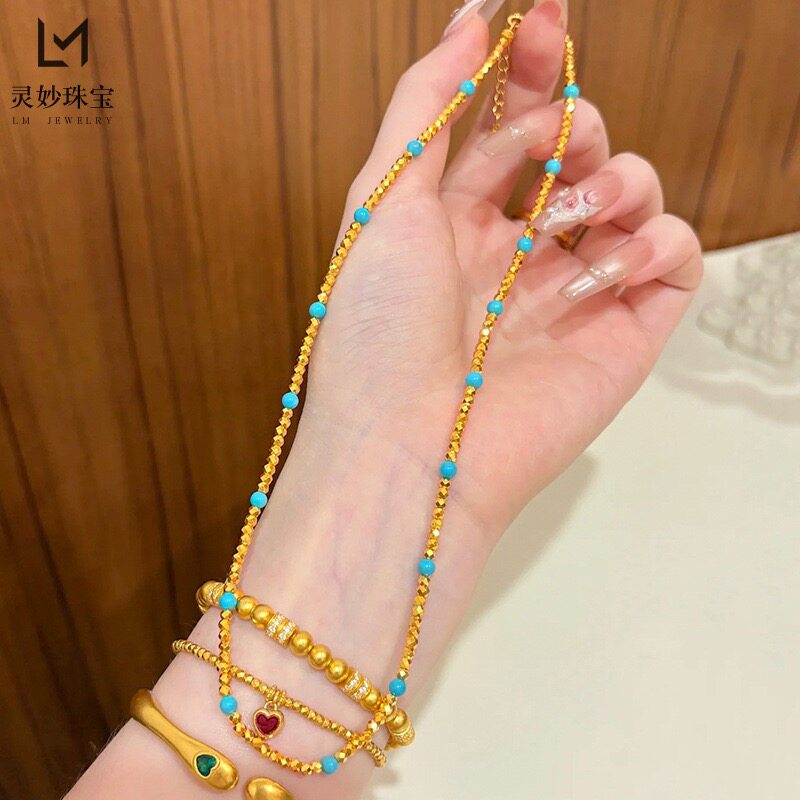金色精致致古法点钻福字锁项链手工串珠高级感复古戴项链女