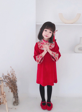 女童拜年服儿童中国风改良汉服宝宝民族风长袖连衣裙小女孩长裙子