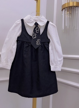 女童连衣裙2021秋冬童洋气学院风黑色背带裙宝宝白色衬衣裙子套装