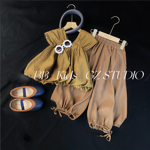 韩国童装女童时髦洋气套装夏季儿童小香风吊带背心收脚裤子两件套