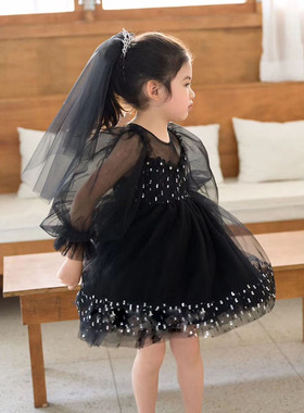 女童连衣裙2021新款小女孩高贵黑色蓬蓬裙宝宝亮片裙子儿童礼服裙