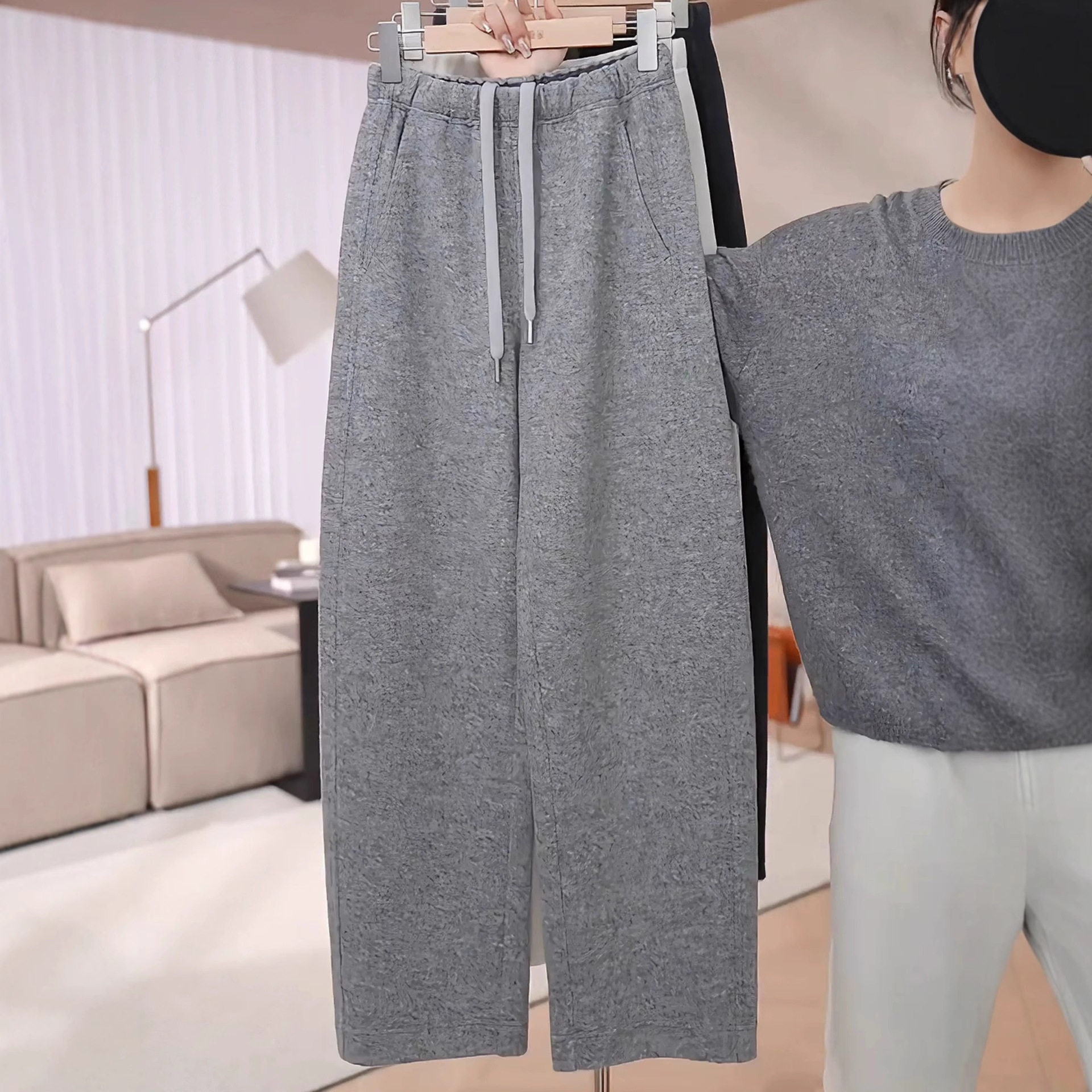 浅灰色羊毛呢弯刀裤女士2025新加绒加厚休闲运动裤秋冬季抽绳卫裤