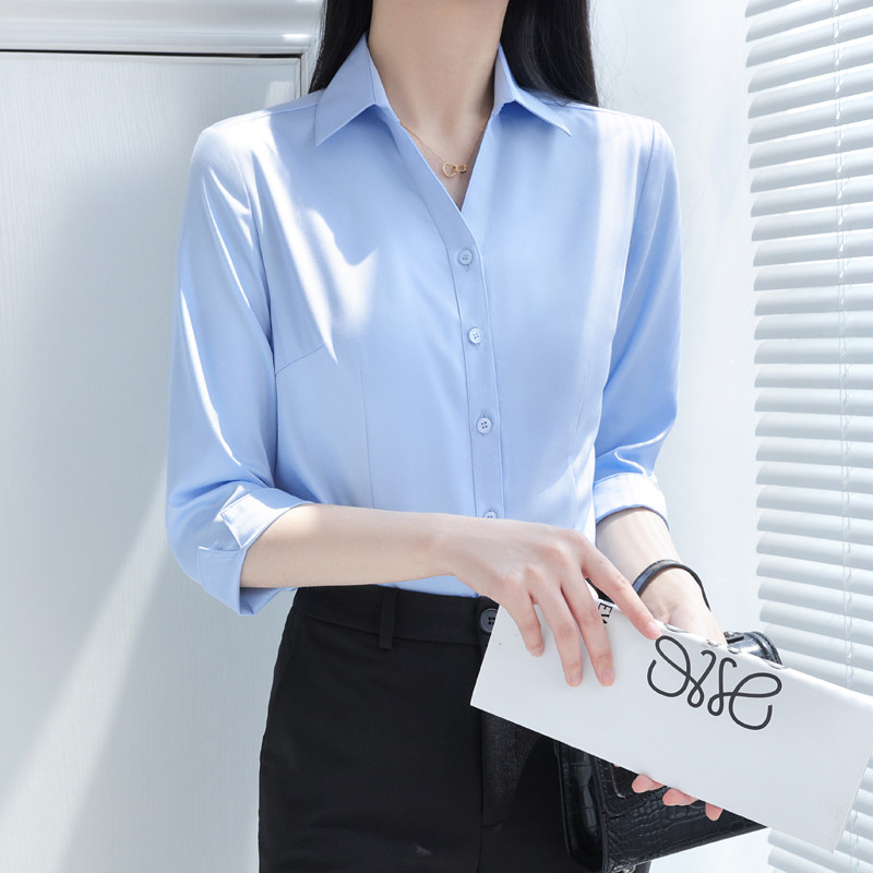 职业装蓝色衬衫女夏季大码中袖七分袖上衣面试正装V领工装白衬衣
