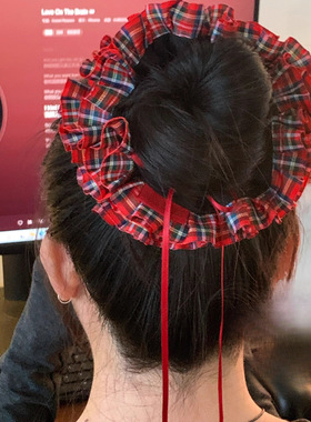 Jen I 日系百搭苏格兰红色格纹蝴蝶结大肠发圈双层圣诞大肠圈新款