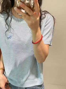 【莱赛尔】三彩2026夏季新款花朵针织衫短袖正肩毛衫T恤短上衣女M