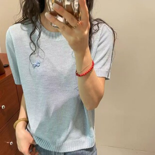 【莱赛尔】三彩2026夏季新款花朵针织衫短袖正肩毛衫T恤短上衣女M