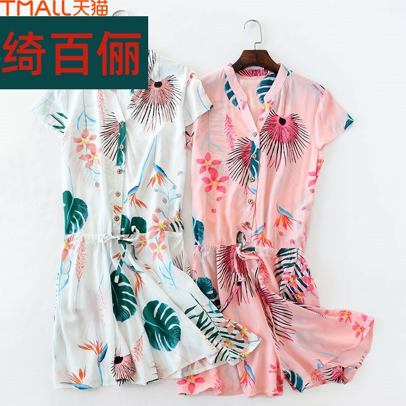 裙子造棉服可连体裤裙短袖家居棉质绸薄睡裙睡衣外穿款夏短裤女人