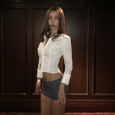 Adorn原创 高智感修身性感进口匹马棉内扣7分袖挺括两色短款衬衫