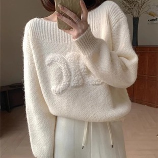 凯旋门港岛日落设计感毛衣重工立体钩花圆领套头宽松休闲长袖针织