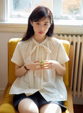 Nov elist什一 黄色衬衫女夏季新款法式圆领蝴蝶结插肩袖衬衣