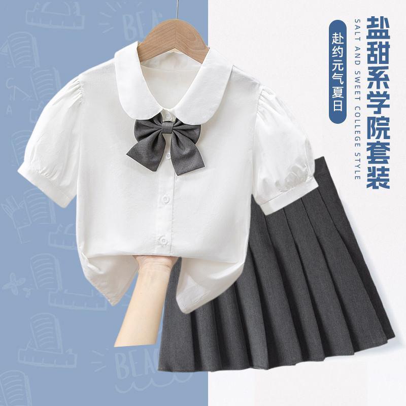 女童衬衫裙套装夏季新款儿童纯棉衬衣jk制服小学生学院风短袖上衣