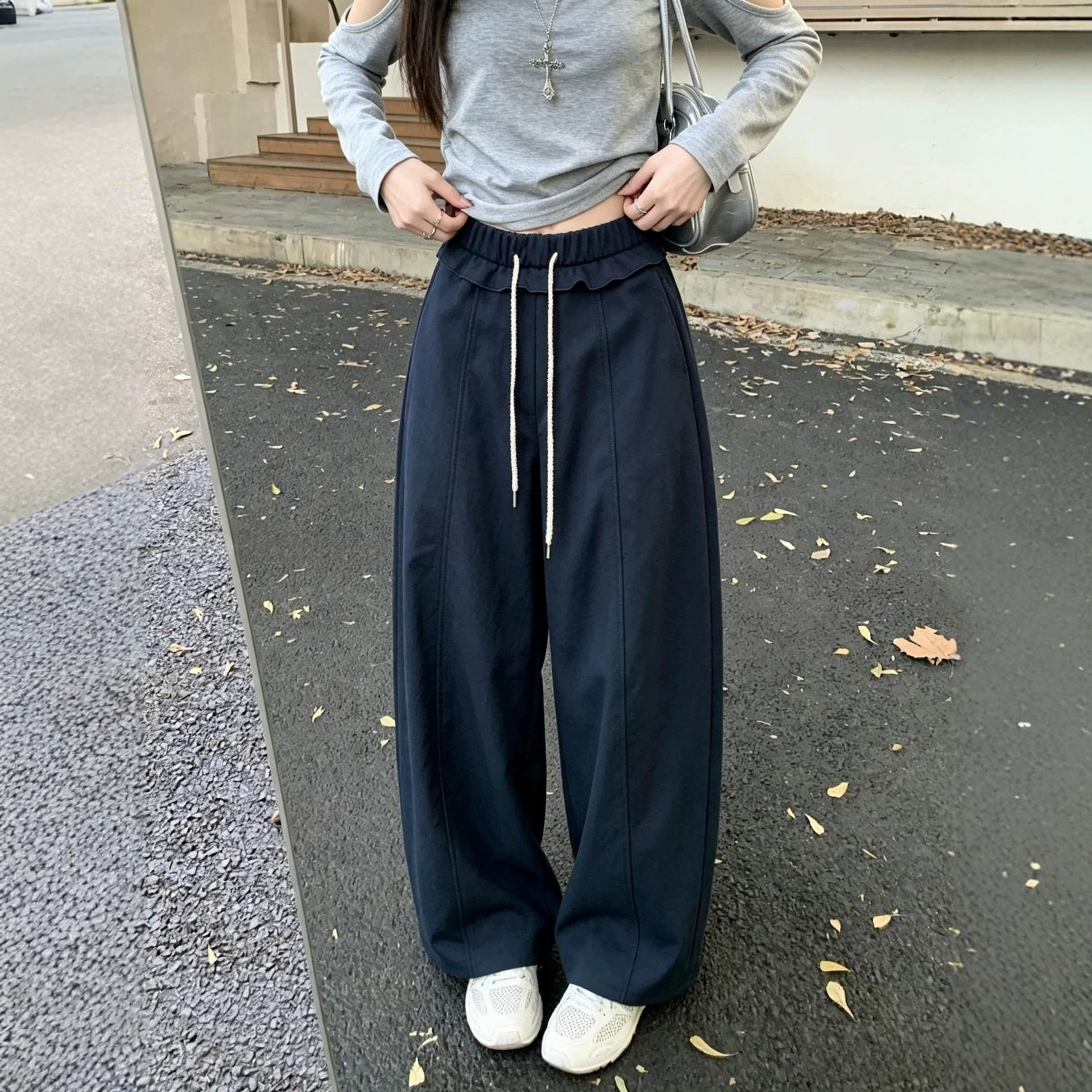 秋季高腰显瘦花边抽绳阔腿卫裤