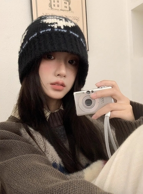 黑色复古针织帽毛线帽新款秋冬女大头水桶帽防风加厚防寒保暖帽子