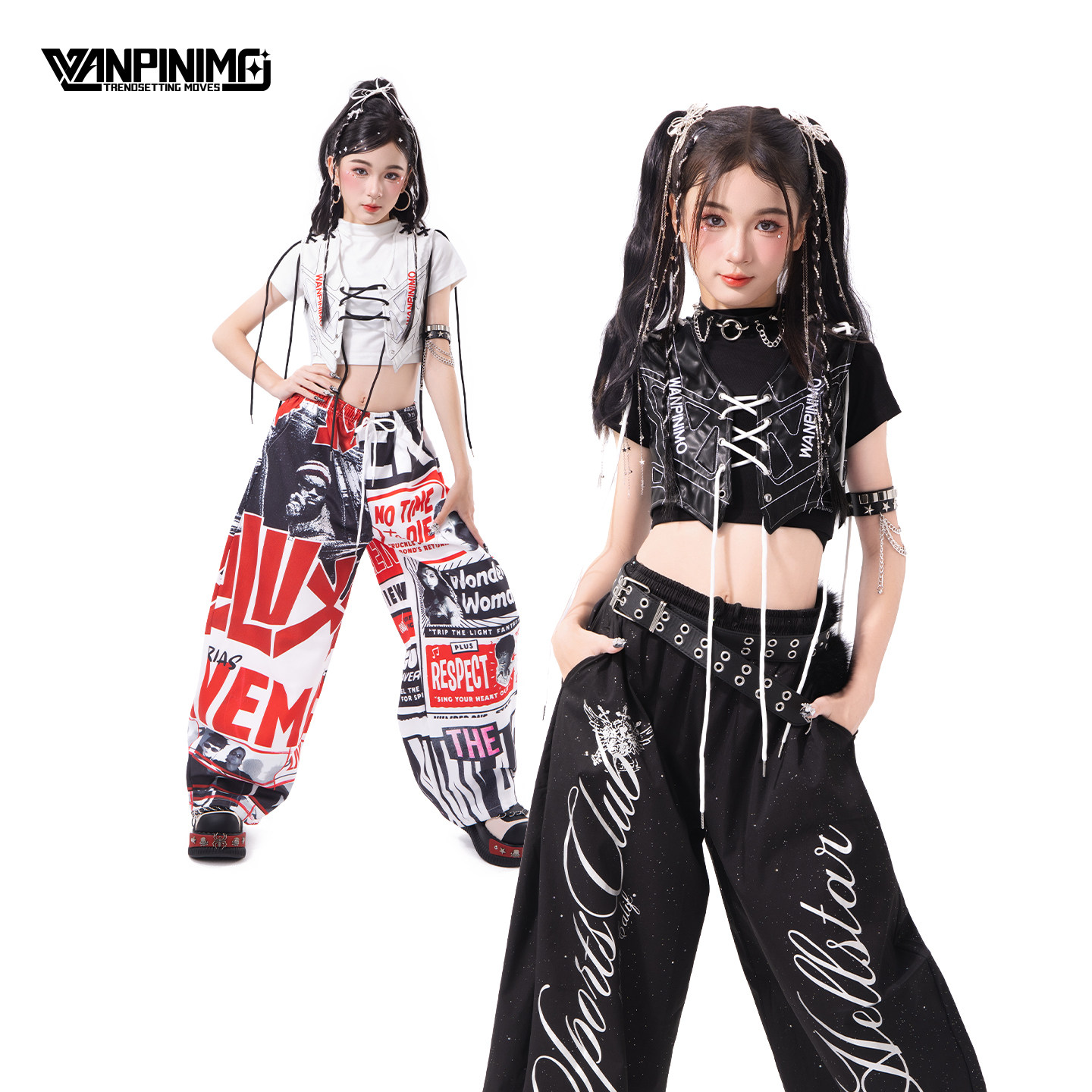 顽皮尼莫童装儿童街舞套装女童爵士舞服装夏刺绣皮马甲潮酷演出服