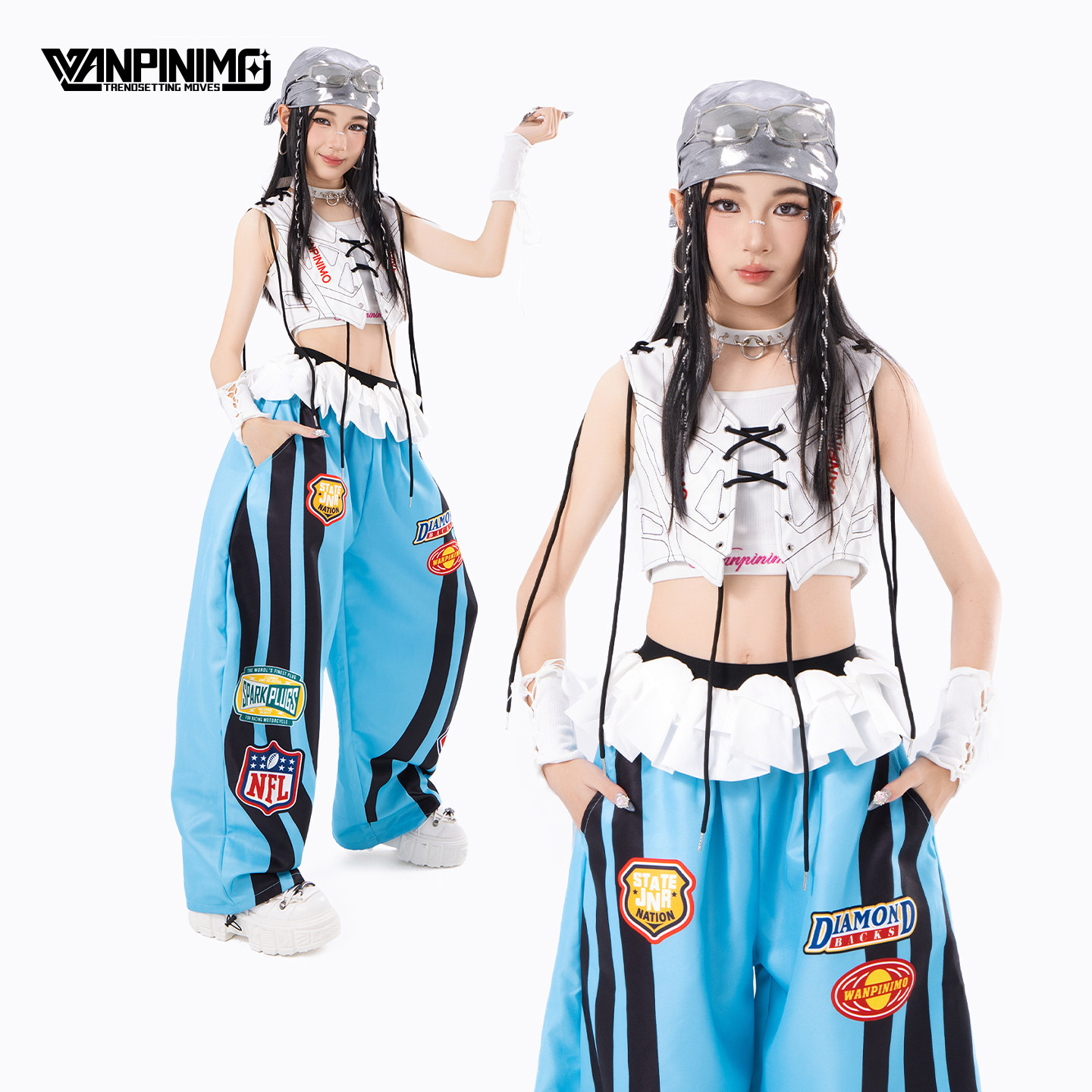 顽皮尼莫童装女童爵士舞服装儿童街舞套装夏刺绣皮马甲潮酷演出服
