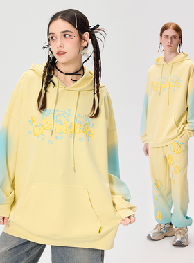LAMLICKA黄色海绵印花空气层连帽卫衣男春新款潮牌设计感宽松上衣