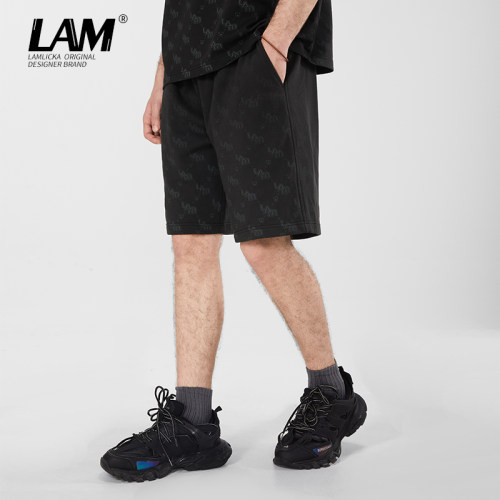 LAMLICKA黑色满印松紧短裤五分裤