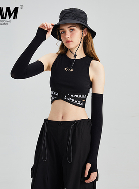 LAMLICKA美式高街紧身运动背心女夏季露脐辣妹嘻哈薄款无袖打底衫