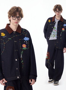 LAMLICKA美式复古深蓝牛仔外套男春秋潮牌宽松撞色翻领休闲夹克女