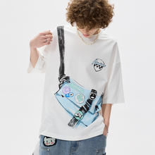 LAMLICKA仿背包印花白色短袖男夏季重磅宽松上衣女慵懒风纯棉t恤