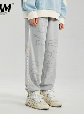 LAMLICKA LAM美式复古麂皮绒字母宽松束脚卫裤男女潮牌松紧运动裤