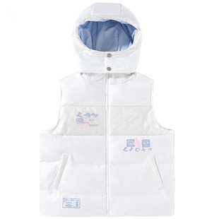 LAMLICKA LAM国潮白色冬季小熊连帽羽绒马甲加厚保暖无袖大码外套