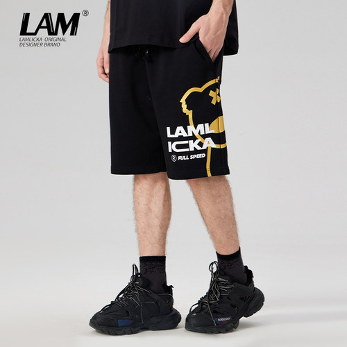 LAMLICKA烫金字母印花五分短裤男