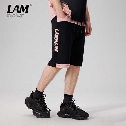 LAMLICKA刺绣松紧拼接撞色短裤男