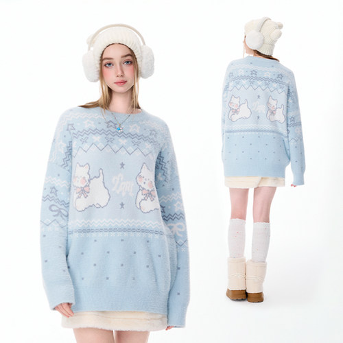 LAMLICKA蓝色费尔岛套头圆领毛衣