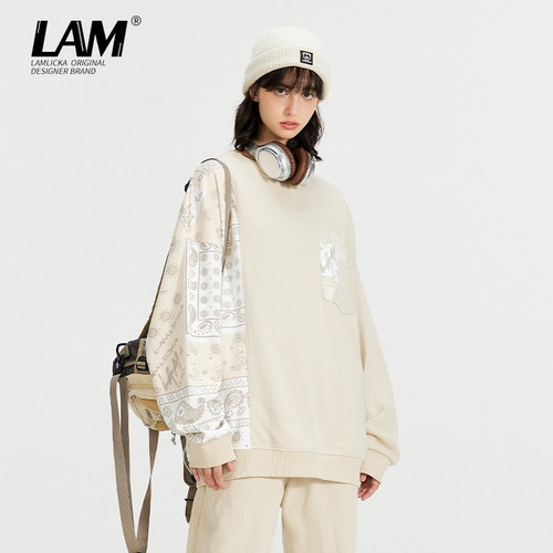 LAMLICKA美式拼接圆领情侣卫衣