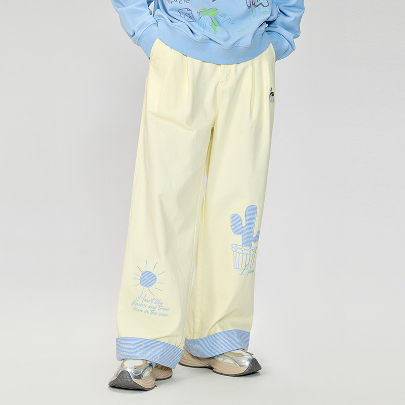 LAMLICKA新款仙人掌刺绣拼接休闲裤春季百搭中性风垂感宽松阔腿裤,男装,休闲裤,淘宝优惠券,粉丝福利购,淘宝优惠卷