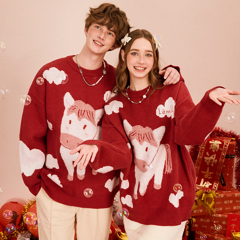 LAMLICKA贺岁款红色圆领套头毛衣男秋冬外穿可爱宽松长袖针织衫女,男装,针织衫/毛衣,淘宝优惠券,粉丝福利购,淘宝优惠卷