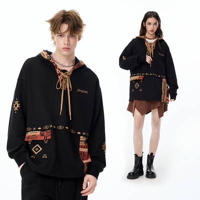 LAMLICKA民族风撞色拼接连帽卫衣