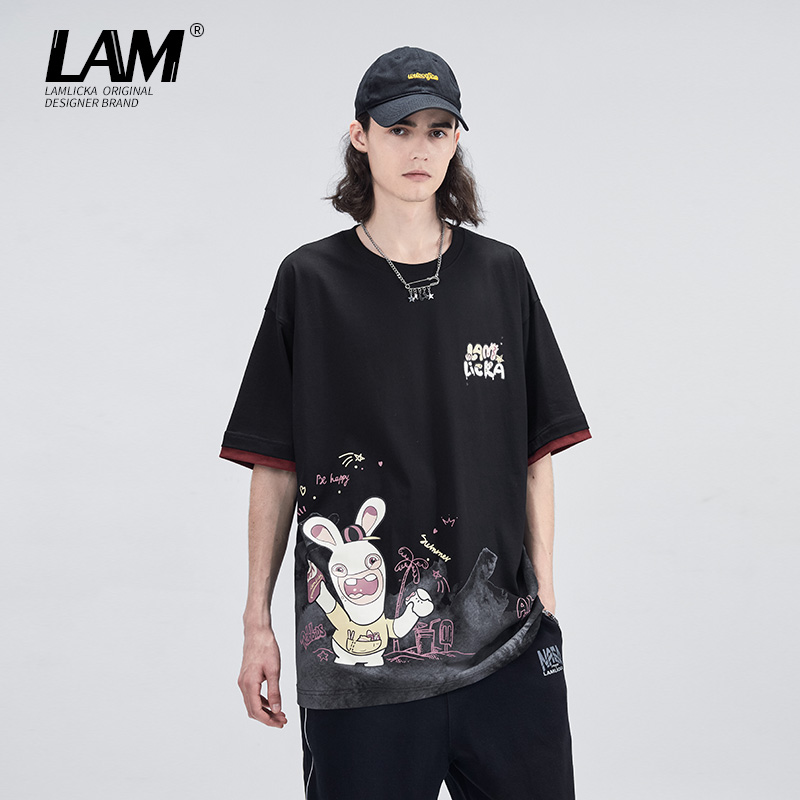 LAMLICKA兔子创意印花圆领T恤男日系情侣款宽松休闲短袖上衣潮
