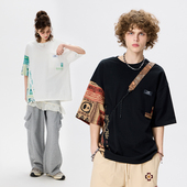 LAMLICKA拼接民族风印花圆领短袖 男夏季 休闲纯棉潮牌复古宽松t恤